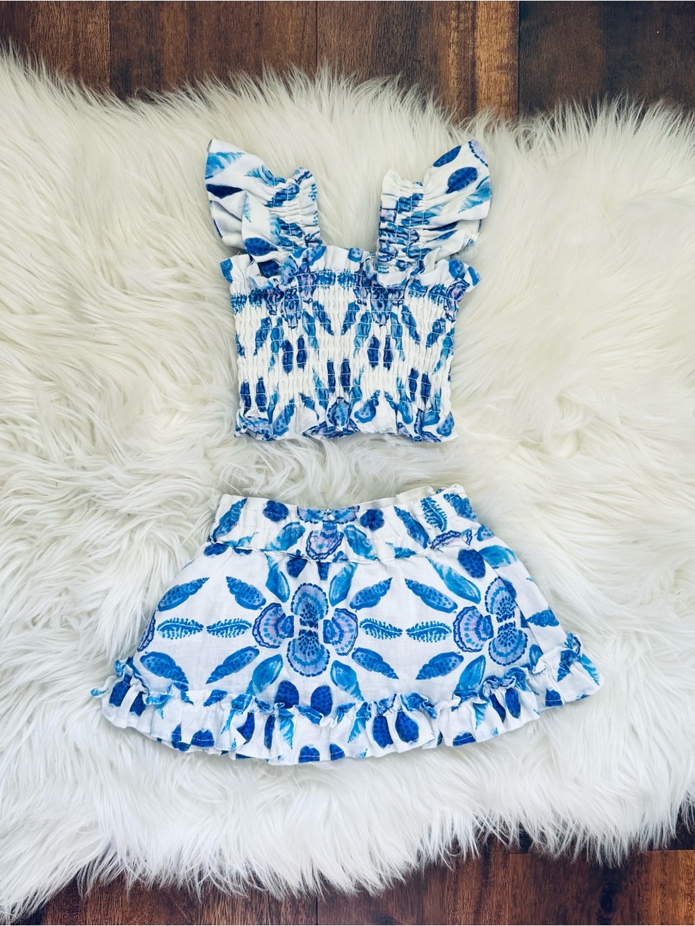 Hill House Tiny Paz Set in Blue Shell Mosaic Linen Size 6-12 Months